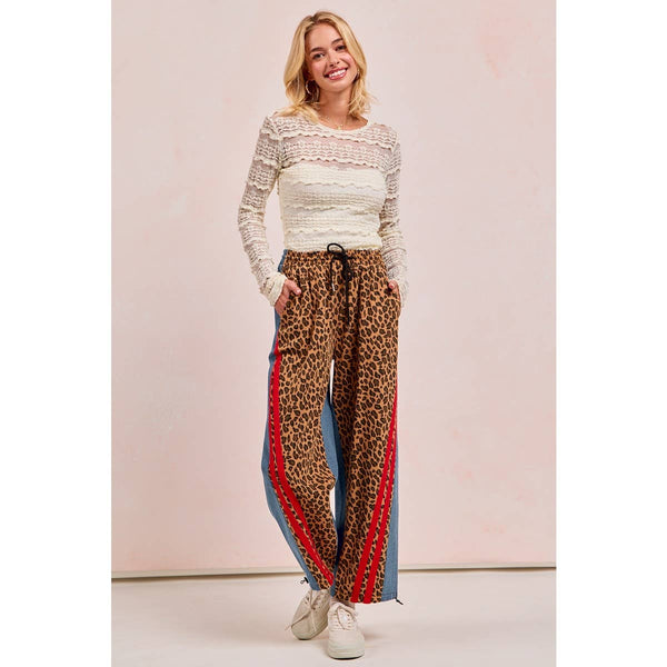 WASHED LEOPARD DENIM MIX AND MATCH JOGGER PANTS: LEOPARD/DENIM