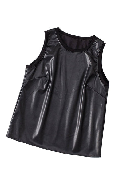 Faux Leather Crewneck Tank Top: Black