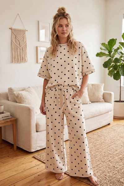 Heavy Scuba Polka Dot Short Sleeve Set: CREAM/BLACK