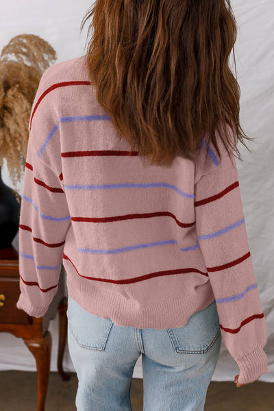 LDC Striped Ribbed Edge Drop Shoulder Sweater: Pink Stripe / S