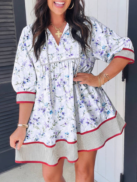 LDC Striped Edge 3/4 Puff Sleeve Floral Dress