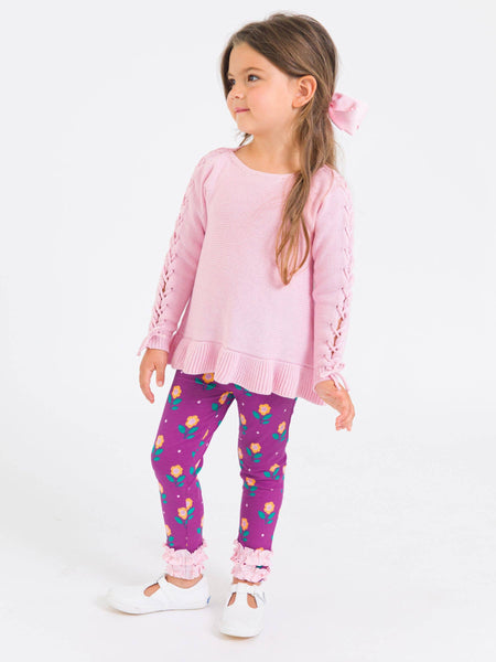 Girls Pink Ruffle Hem Lace Up Sweater