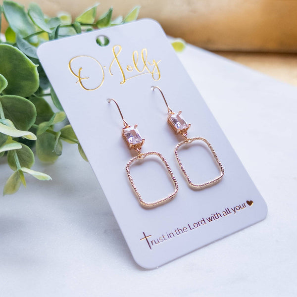 Clear Glass Connector w/Textured Open Rectangle Dangle Earrings- Lilith