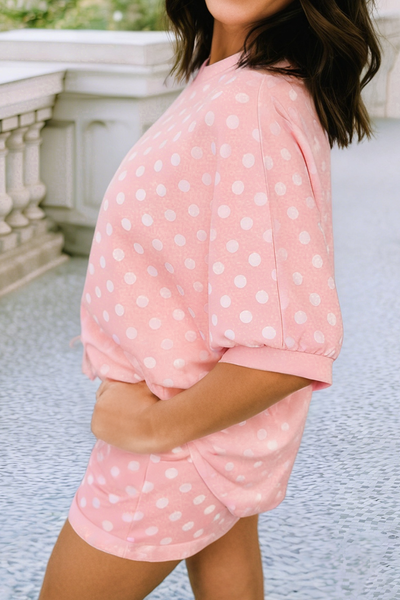 LDC Casual High Waist Polka Dot Short Sleeve 2Pcs Shorts Set: Pink