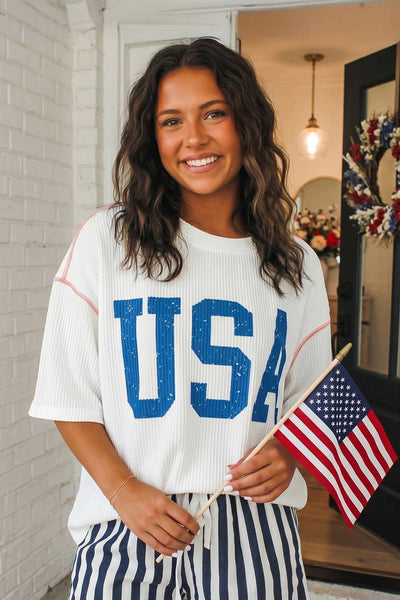 LAS USA Graphic Half Sleeve Loose Ribbed Top White