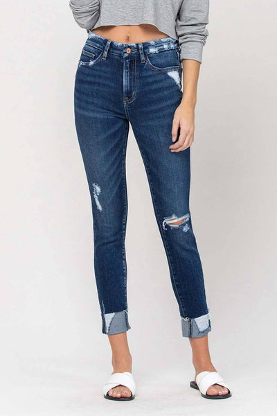HIGH RISE DISTRESSED CUFFED CROP SKINNY JEANS V2173: ZEKE