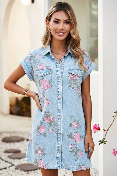 LDC Floral Denim Cuffed Short Sleeve Button Down Shift Dress: Sky Blue