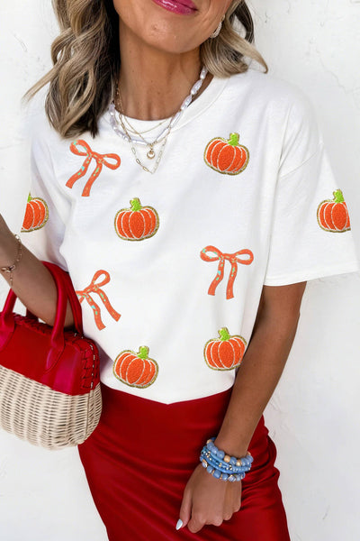 LDC Sequin Chenille Pumpkin Bow Pattern Casual Short T Shirt: White