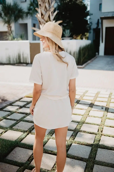 Beige and White Contrast Top and Skirt Set: Beige