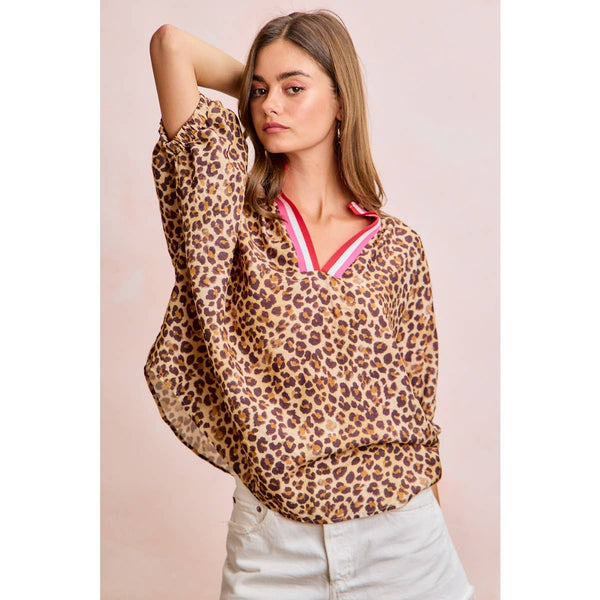 LEOPARD CONTRAST BANDED DOLMAN SLEEVES BLOUSE TOP: LEOPARD / S