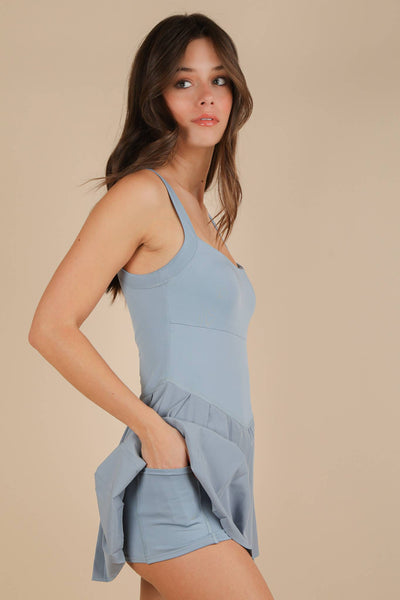 Pleated Skirt Activewear Dress W/ Under Shorts: SKY