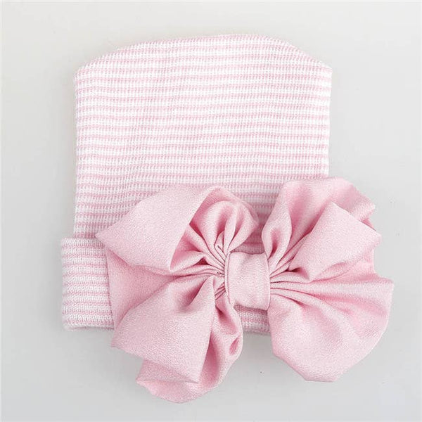 Newborn Hospital Hat, Gender Reveal, Embroidery, Monogram: White Pink / Satin Bow