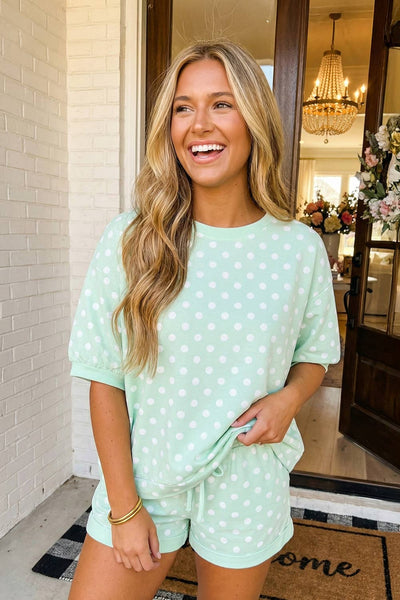 LAS Polka Dot Print Top Drawstring Shorts Set Green
