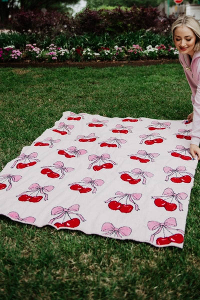 Cherry Bows All Over Soft Wholesale Blanket: Light Pink