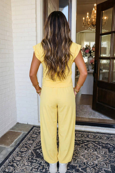 LAS Solid Color Cropped Tank Top and Jogger Pants Set Yellow Cream