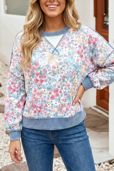 LDC Floral Print Round Neck Long Sleeve Shift Blouse: Multicolour