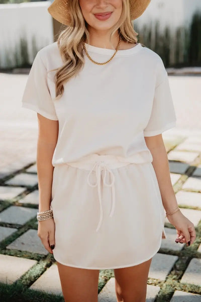 Beige and White Contrast Top and Skirt Set: Beige