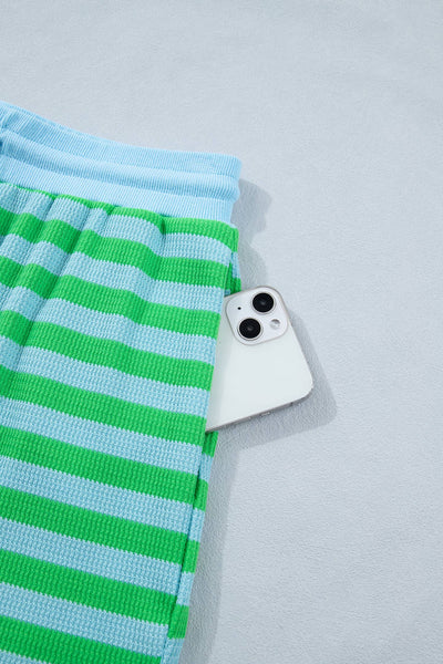 LDC Stripe Spring Puff Sleeve Shirt Matching Shorts SetGreen Stripe plus