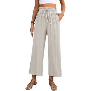 Casual High Waisted Loose Trousers: Beige / 30% Linen + 70% Rayon