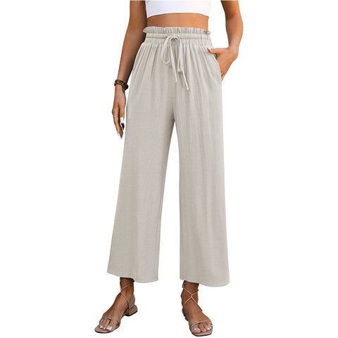 Casual High Waisted Loose Trousers: Beige / 30% Linen + 70% Rayon