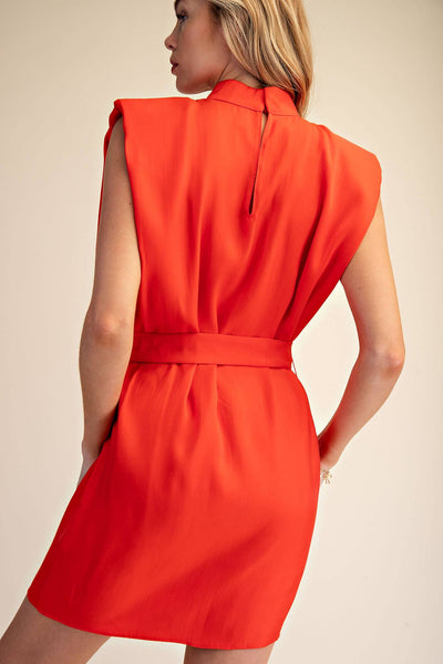 Mock Neck Shoulder Padded Waist Tie Mini Satin Dress: Red