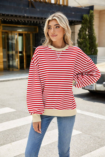 Striped Crew Neck Contrast Color Loose Long Sleeve Sweater: Black and white stripes