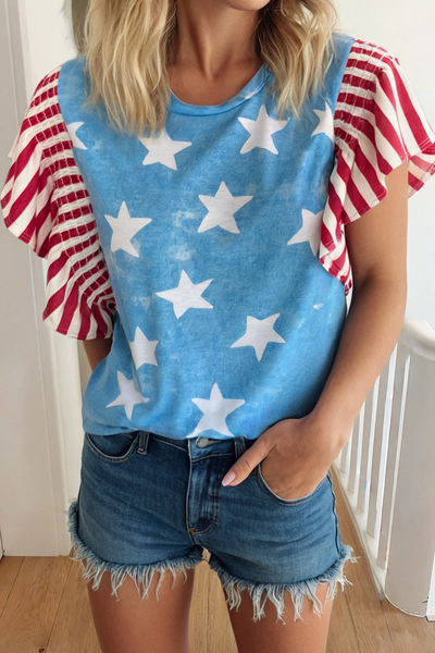 Independence Day Star & Stripe Ruffle Sleeve Top Sky Blue