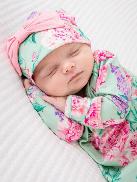 SoftSnooze™ Baby Girls Bamboo Viscose Sage Garden Ruffle Knotted Sleep Gown & Bow Hat Set: Green / Newborn-3m