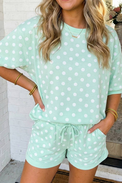 LAS Polka Dot Print Top Drawstring Shorts Set Green