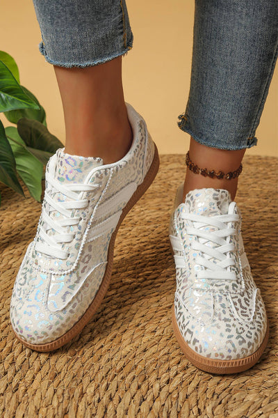 Leopard Printed Lace-up Sneakers White