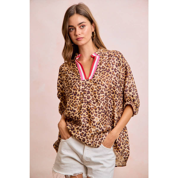 LEOPARD CONTRAST BANDED DOLMAN SLEEVES BLOUSE TOP: LEOPARD / S