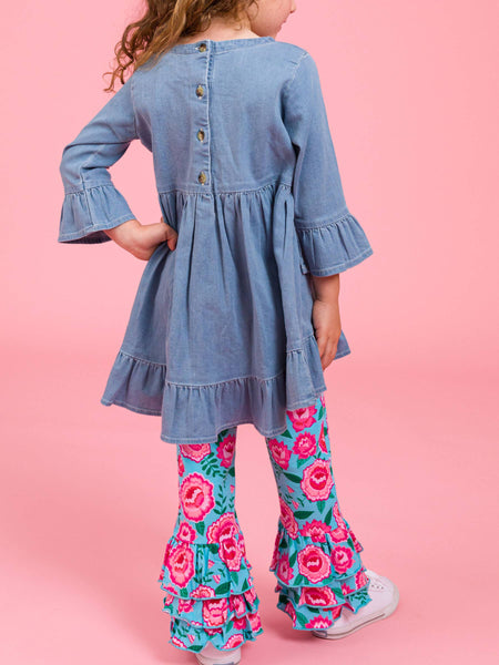 Girls Light Wash Denim Stretch Denim High Low Ruffle Tunic