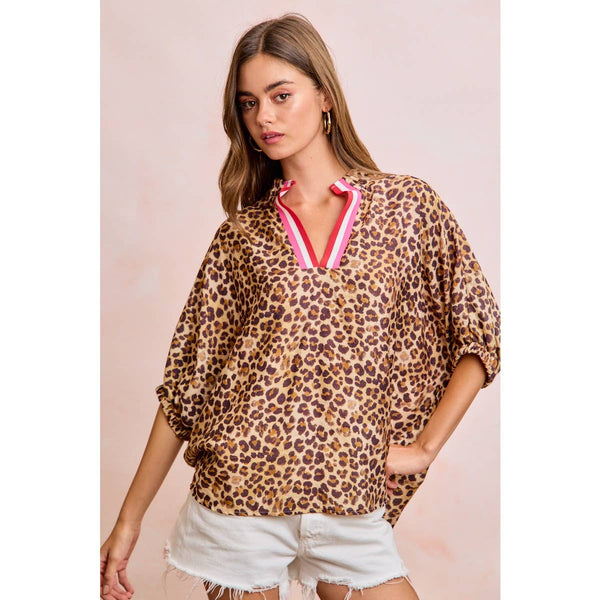 LEOPARD CONTRAST BANDED DOLMAN SLEEVES BLOUSE TOP: LEOPARD / S