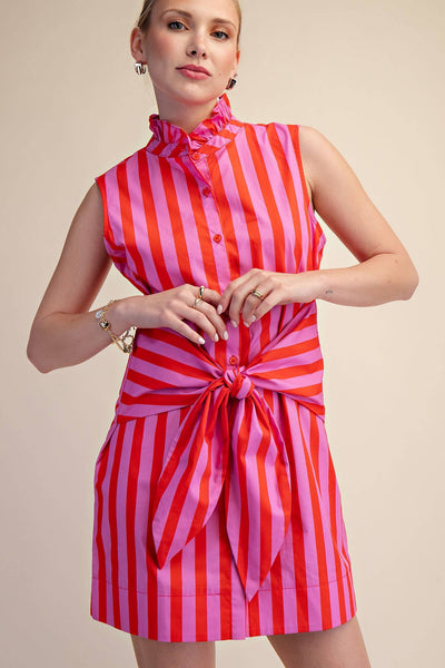 Ruffle Neck Sleeveless Waist Tie Detail Stripe Mini Dress: Pink