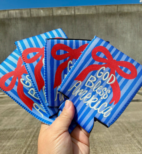 God bless America bow patriotic koozies : Slims