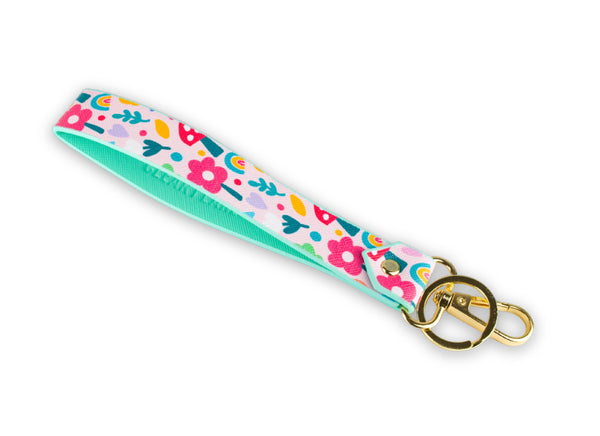 Keychain Wristlet Strap Blush Rainbow Flowers