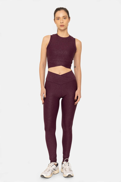 Leather Look Crossover Leggings: BURGUNDY