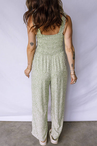 Floral Smocked Bodice Square Neck Sleeveless Jumpsuit Green