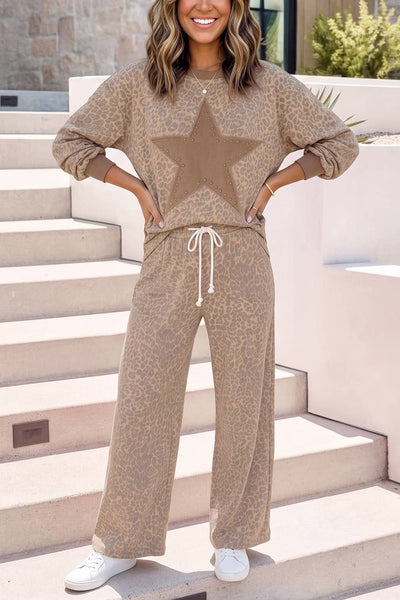 Star Print Leopard Casual Two Piece Pants Set