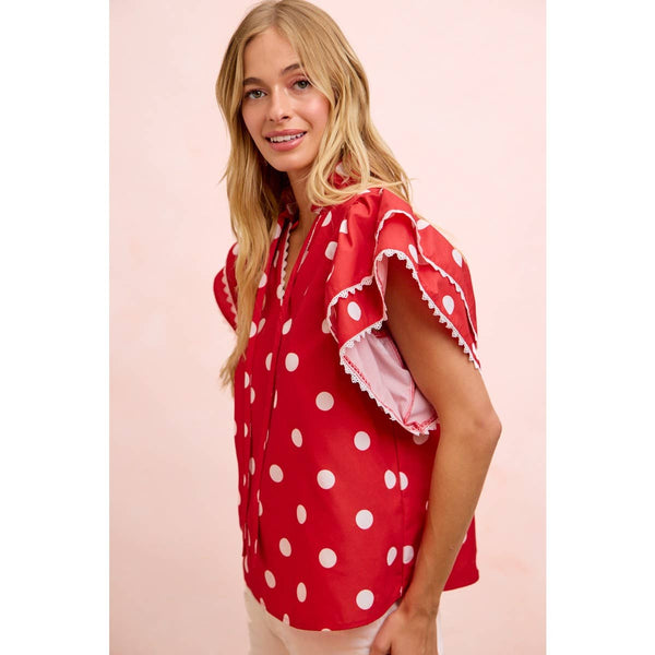 POLKA DOT PRINTED RUFFLE TRIM EDGE BLOUSE TOP: RED / S