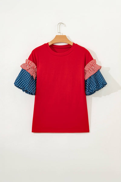 LDC Stars Stripes Round Neck Short Puff Sleeve Top