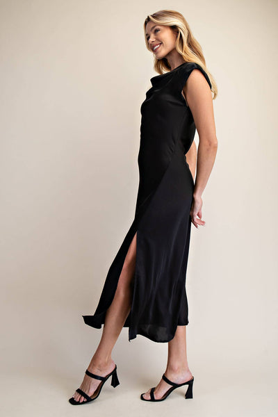 Short-Sleeve Cowl-Neck Slip Midi Dress: Cream