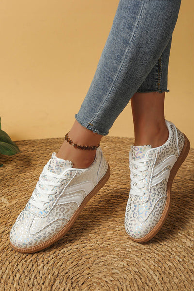 Leopard Printed Lace-up Sneakers White