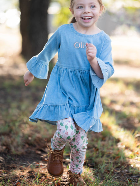 Girls Light Wash Denim Stretch Denim High Low Ruffle Tunic