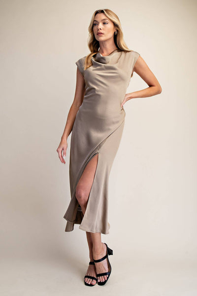 Short-Sleeve Cowl-Neck Slip Midi Dress: Cream