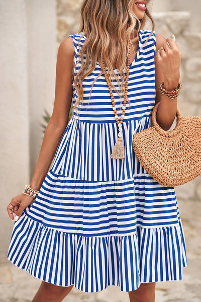 LDC Stripe U Neck Sleeveless Loose Fit Mini Dress: Sky Blue
