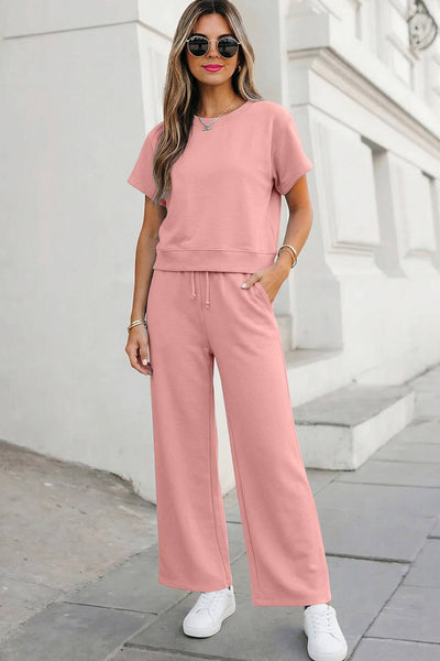 Soft Color Tee & Wide Leg Pants 2pcs Set Pink