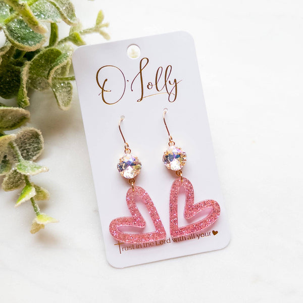 Pink Glitter Open Heart Acrylic Earrings w/Clear ML Stone