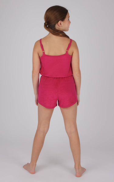 Girls Towel Terry Tie Waist Romper w Side Pockets: Ceramic