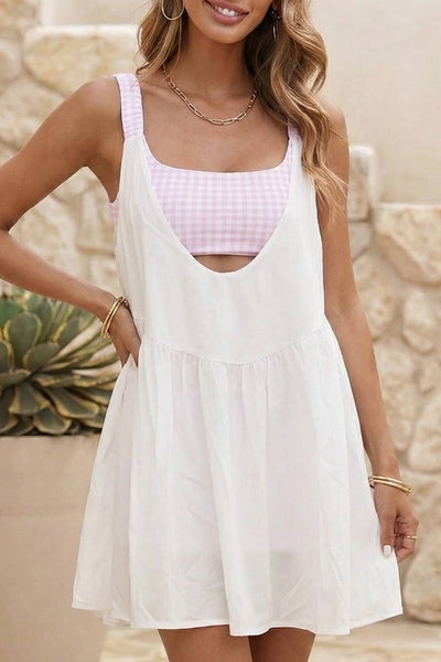 LDC Two Piece Gingham Contrast Patchwork Loose Mini Dress: White